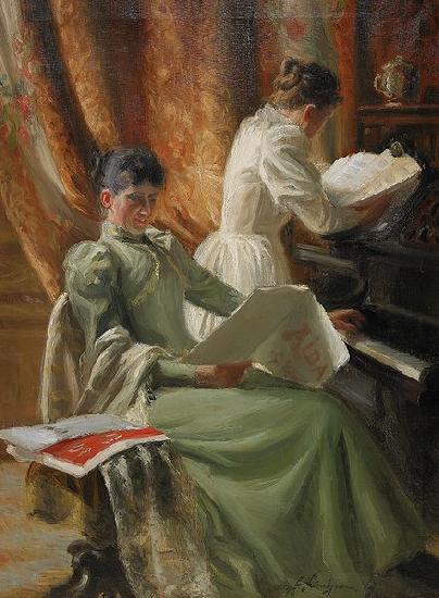 Emil Lindgren Interior med musicerande kvinnor vid pianot France oil painting art